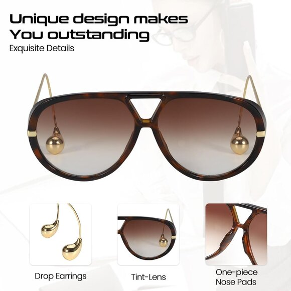 Oversized Aviator Sunglasses Tortoise Brown UV400 Unisex Big Eye Shade - Picture 4 of 5